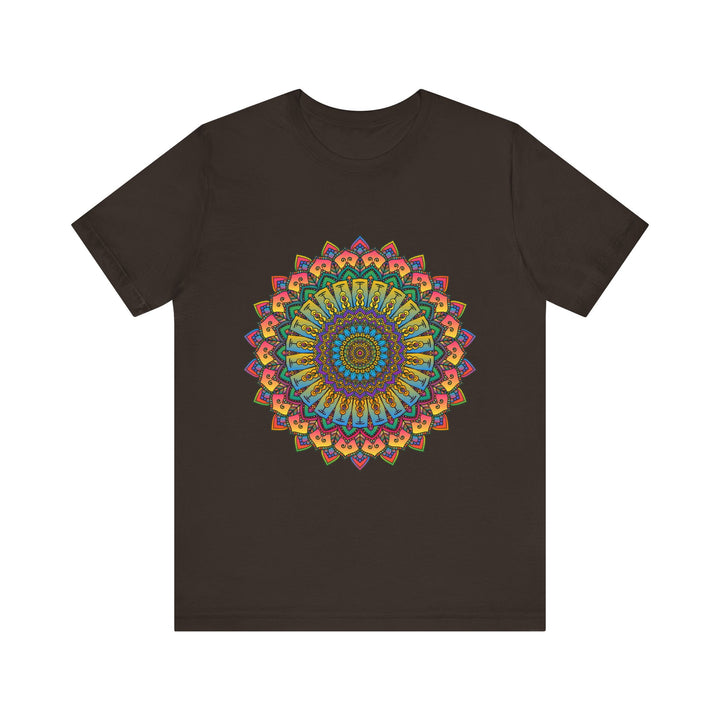 A close-up image of a vibrant and intricate mandala meditation tee with vibrant colors and intricate designs