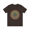 A close-up image of a vibrant and intricate mandala meditation tee with vibrant colors and intricate designs