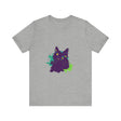 A vibrant purple t-shirt with a mysterious cat design and abstract patterns