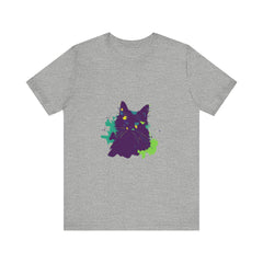 A vibrant purple t-shirt with a mysterious cat design and abstract patterns