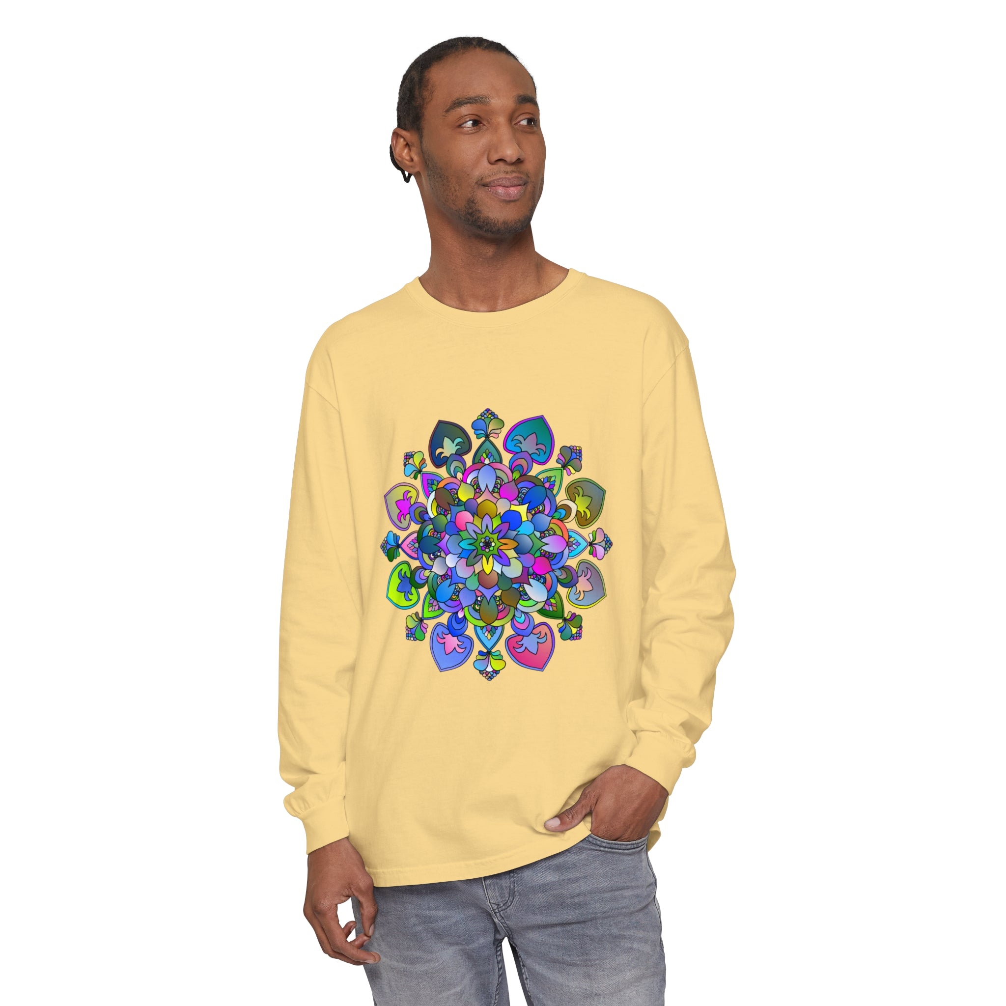 Colorful and intricate mandala design long sleeve t-shirt on a white background