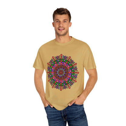 Unisex mandala t-shirt made from 100% ring-spun cotton, featuring hand-drawn mandala art and garment-dyed for extra comfort