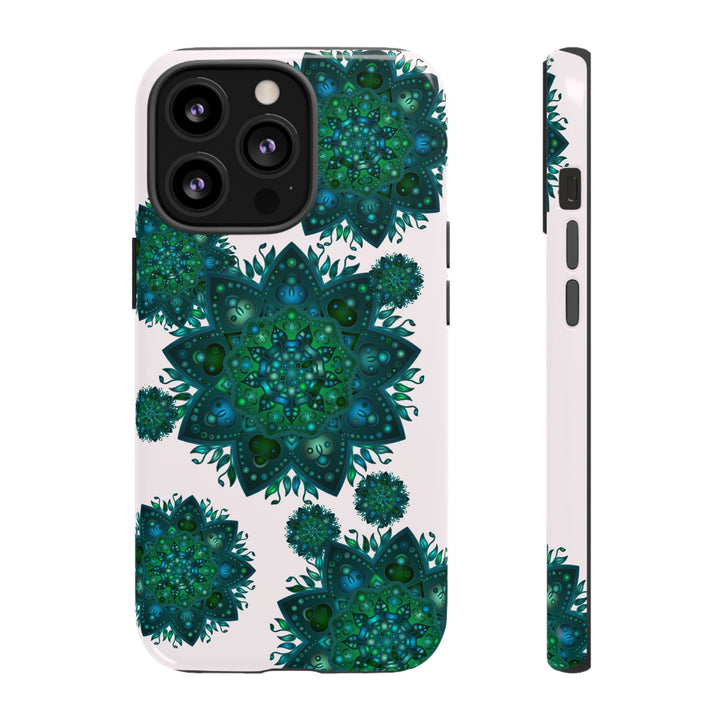 Light pink and green mandala phone case with peaceful and intricate design