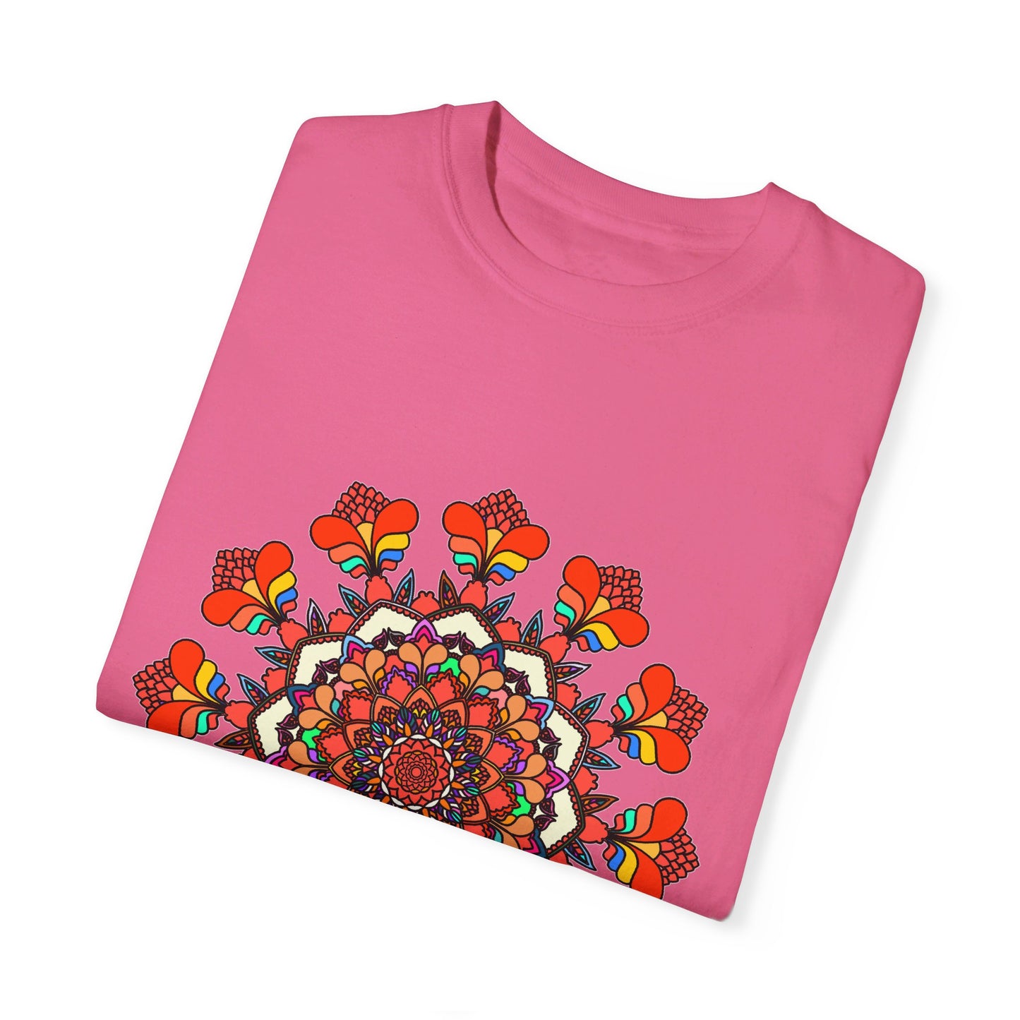 Unisex mandala t-shirt made from 100% ring-spun cotton, hand-drawn art, and garment-dyed for extra comfort