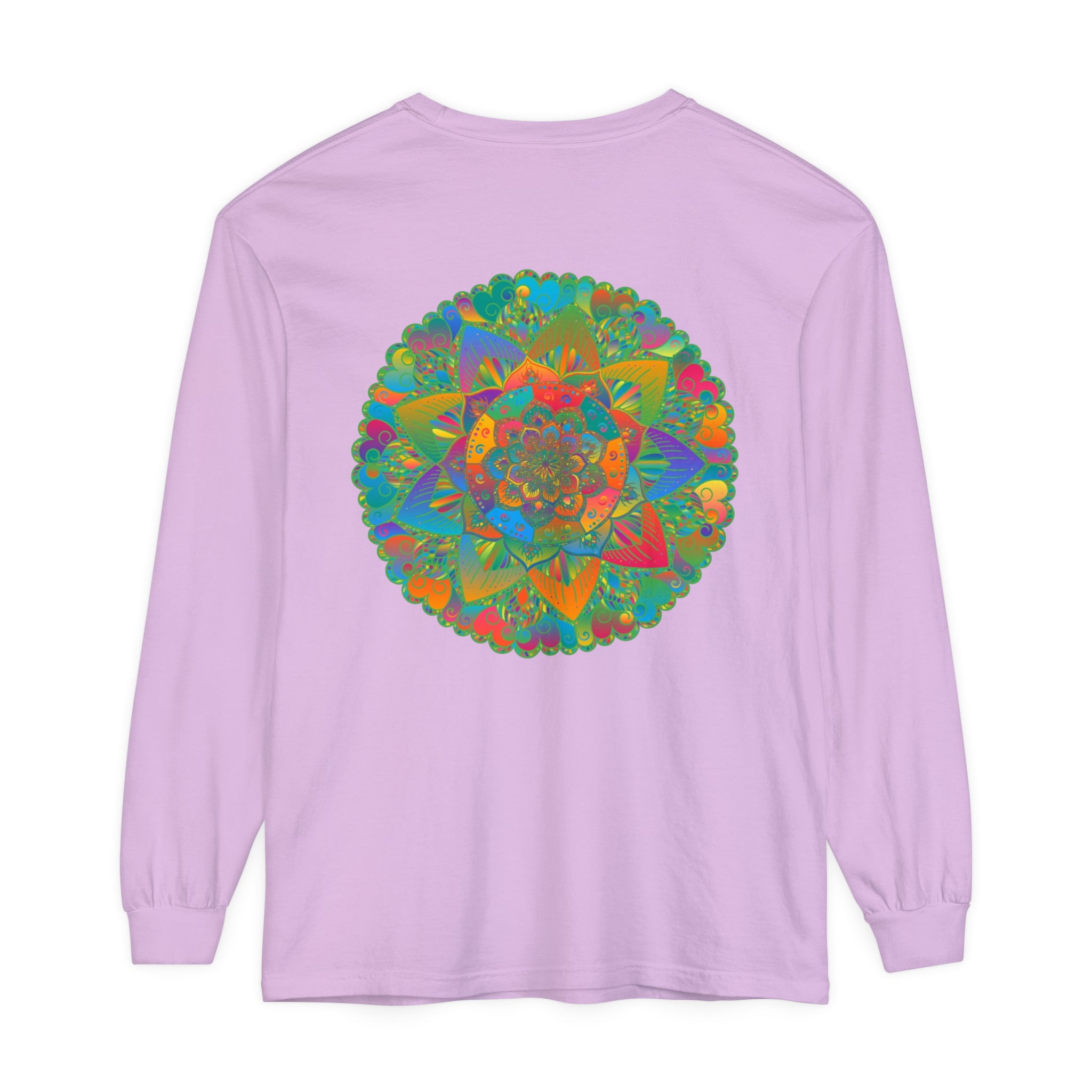 Colorful and intricate mandala design on a unisex long sleeve t-shirt