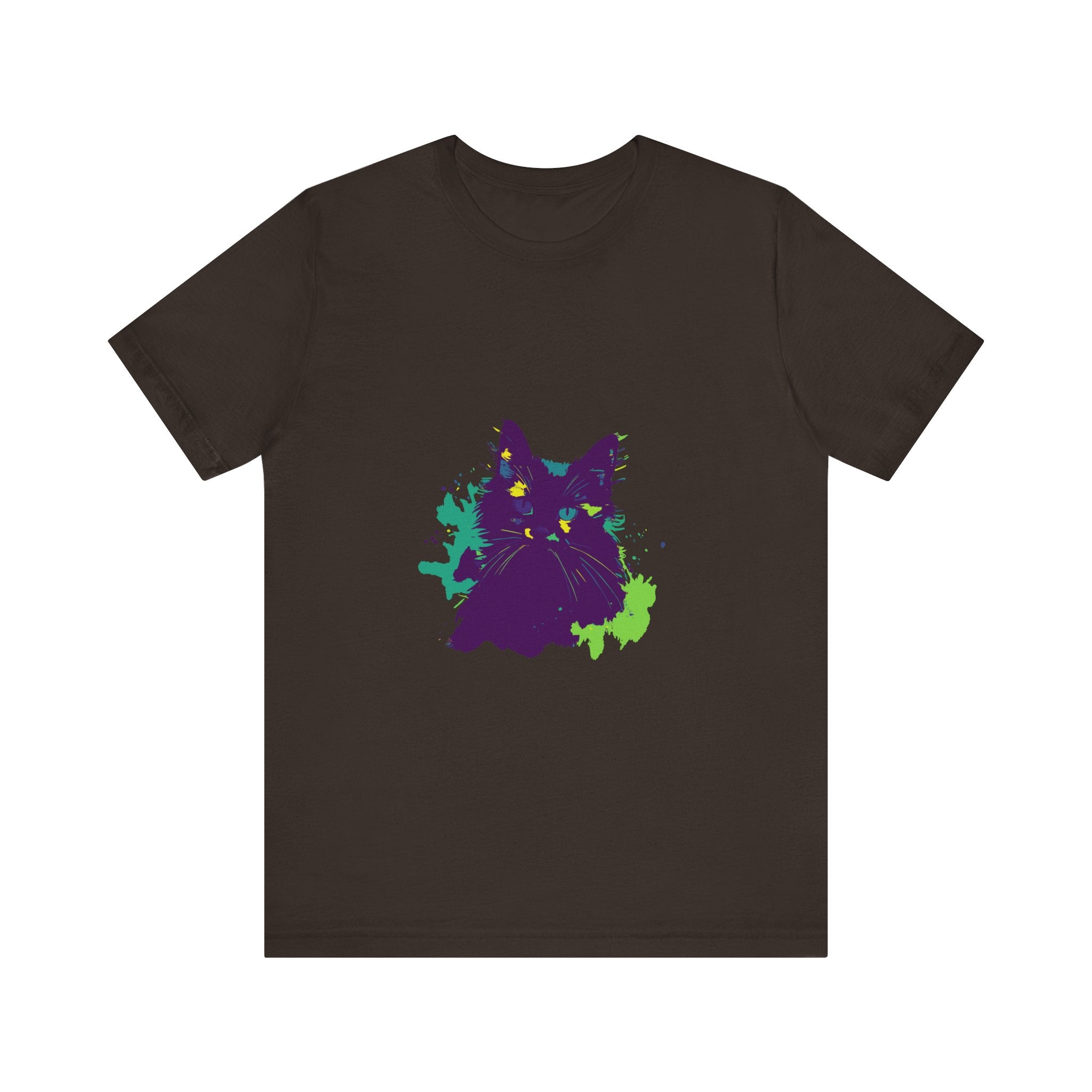 Vibrant and mysterious purple cat t-shirt with an abstract design