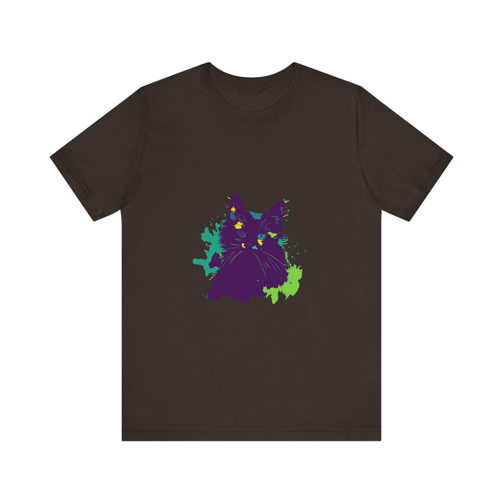 Vibrant and mysterious purple cat t-shirt with an abstract design