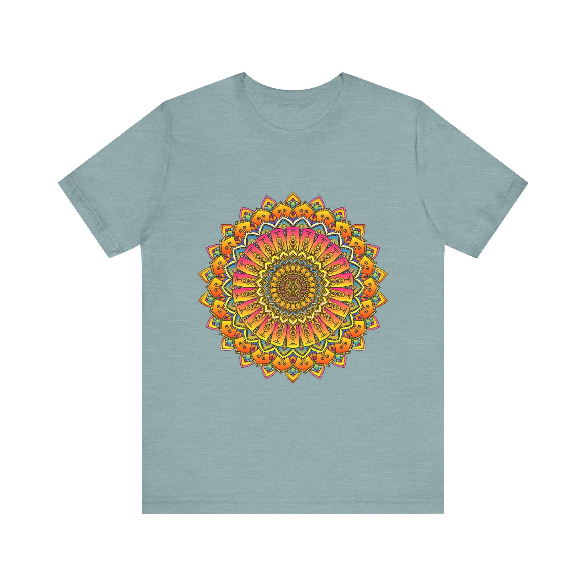 A vibrant and colorful mandala tee with spiritual art design