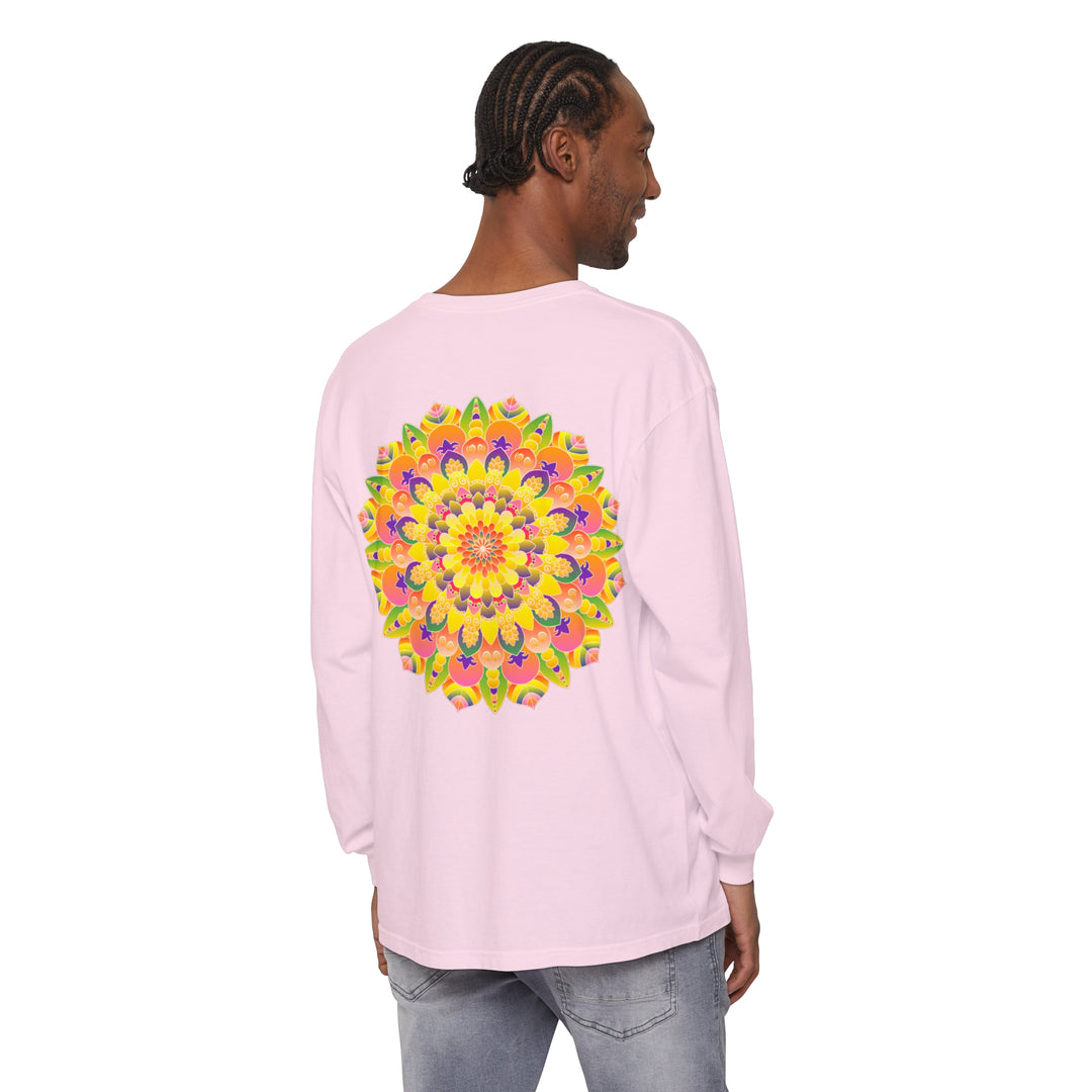 Colorful and intricate mandala design on a unisex long sleeve t-shirt