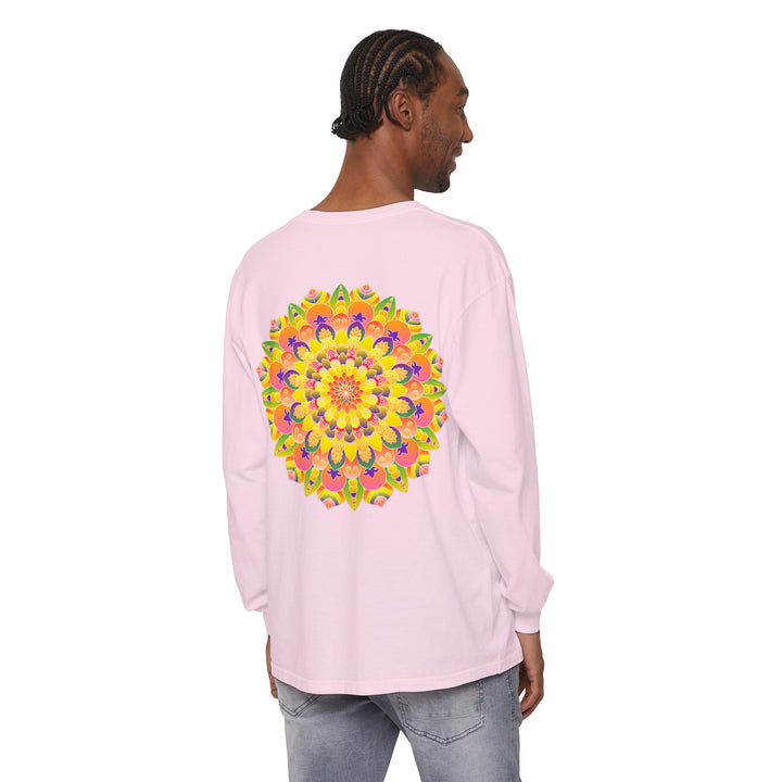 Colorful and intricate mandala design on a unisex long sleeve t-shirt