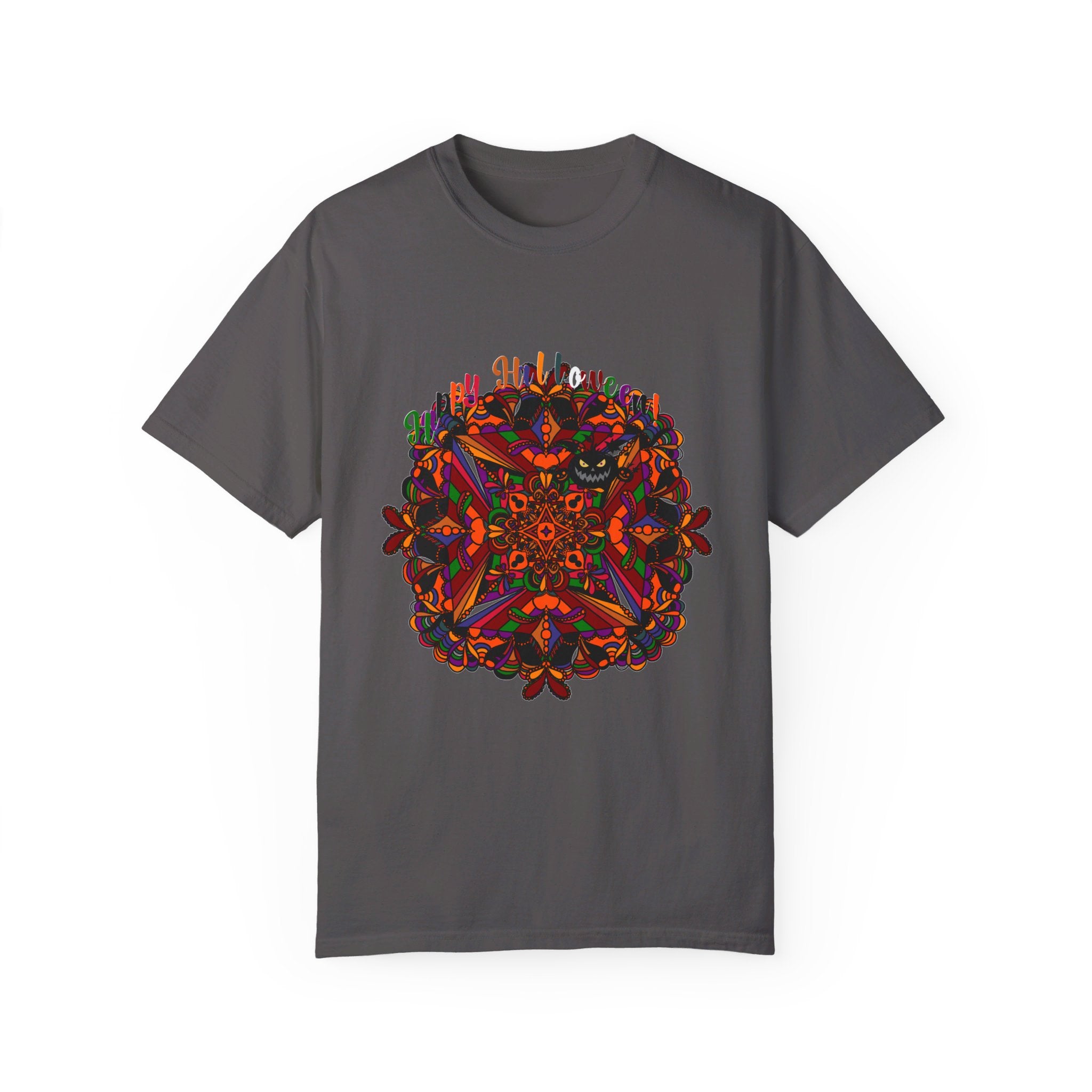 Handmade unisex Halloween mandala t-shirt featuring unique pumpkin mandala art on garment-dyed tee