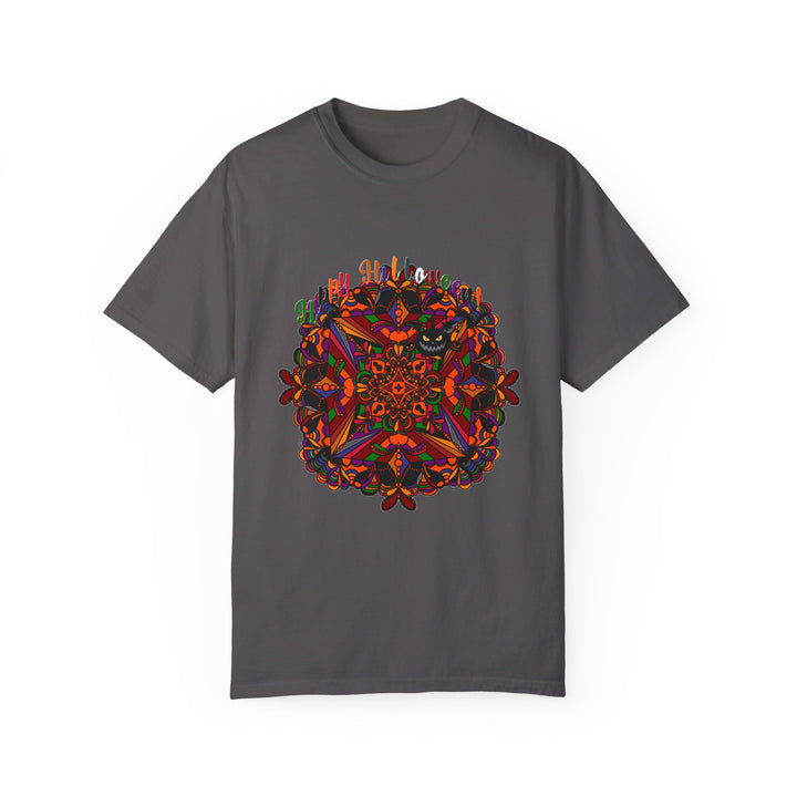 Handmade unisex Halloween mandala t-shirt featuring unique pumpkin mandala art on garment-dyed tee