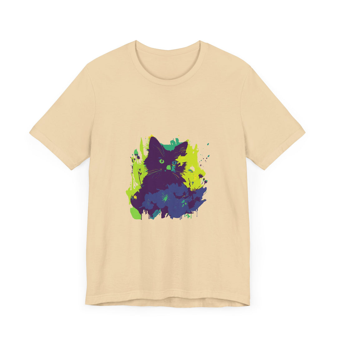 Black Cat Mystery - Abstract T-Shirt with intricate black cat design against vibrant background, perfect for cat lovers and mystery enthusiasts