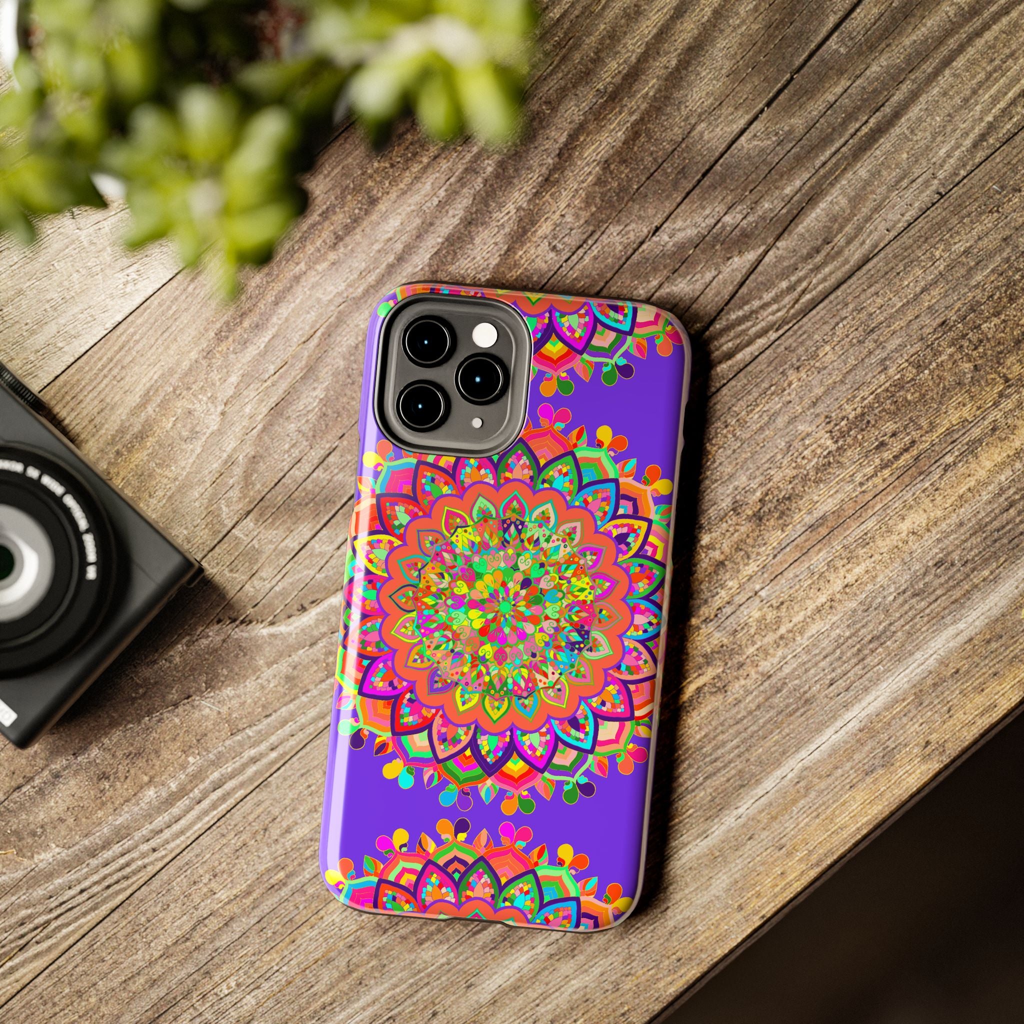 Hand-drawn purple Mandala Art phone case with intricate floral design