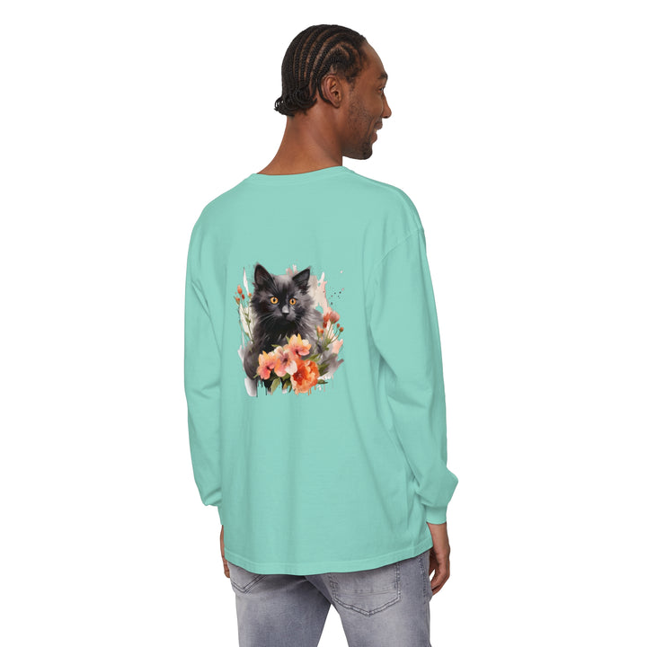 Beautiful black cat surrounded by vibrant watercolor flowers on t-shirt