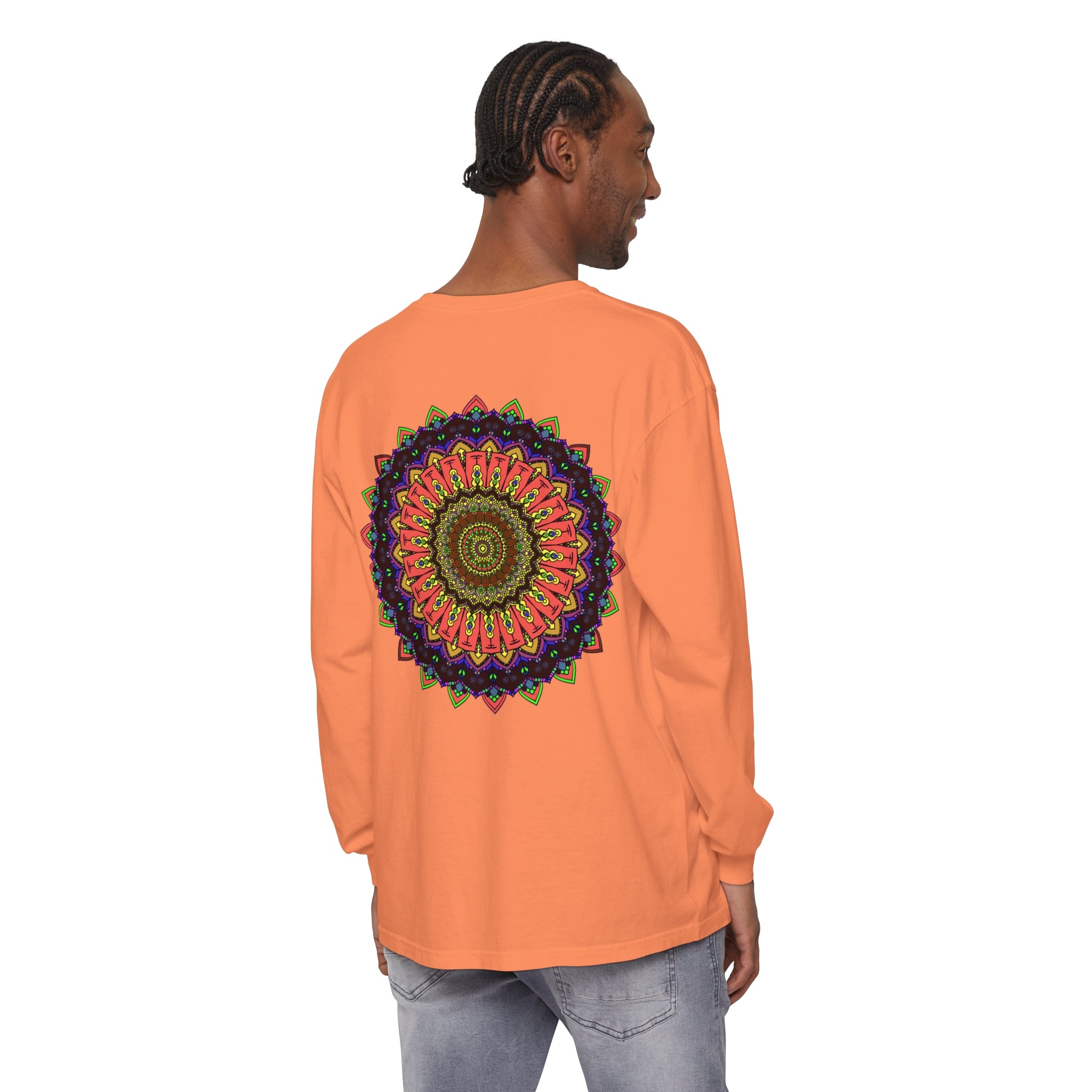 Colorful long sleeve t-shirt featuring an intricate mandala design in vibrant hues