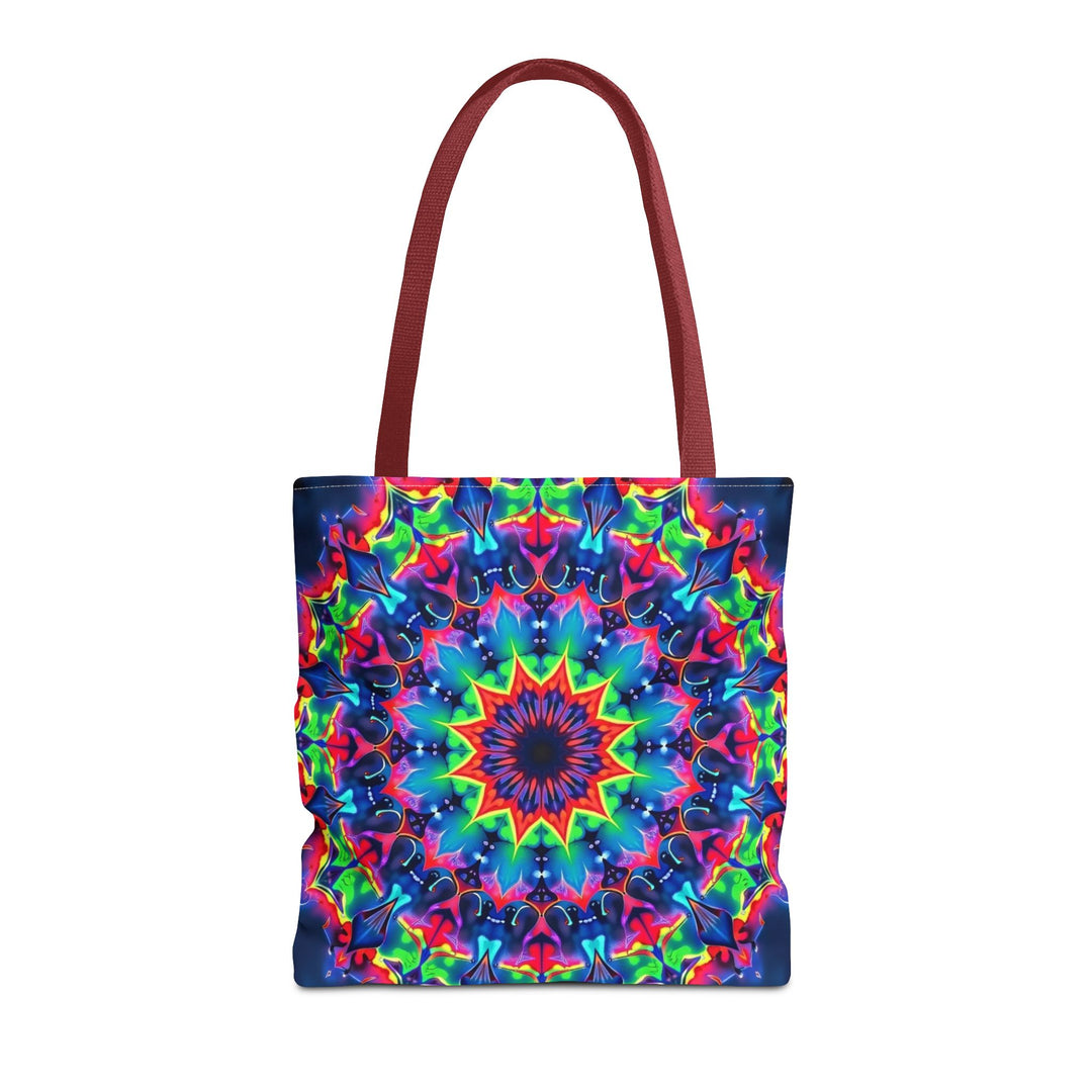 Colorful and intricate psychedelic mandala tote bag with vibrant design