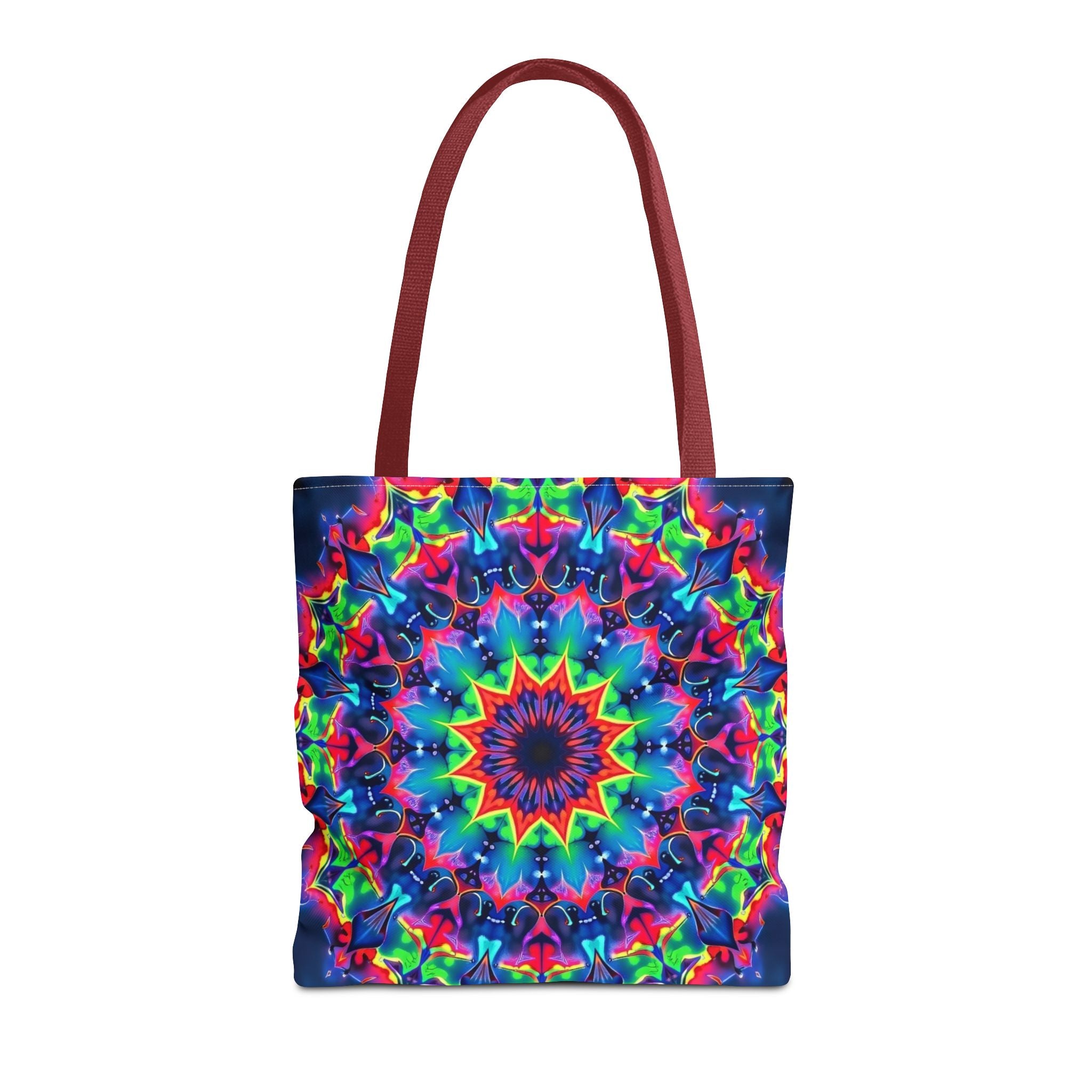 Colorful and intricate psychedelic mandala tote bag with vibrant design