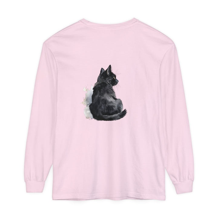 Black Cat Watercolor Unisex Long Sleeve T-Shirt featuring a realistic watercolor cat design on comfortable, versatile long sleeve tee