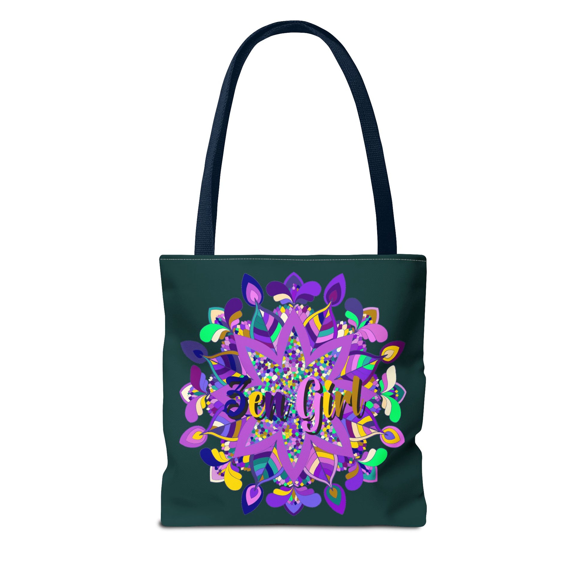 Dark green zen girl mandala tote bag with colorful design by Blululi