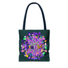 Dark green zen girl mandala tote bag with colorful design by Blululi