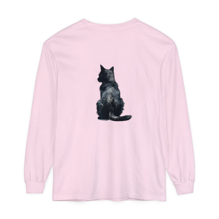 Black Cat Watercolor Long Sleeve T-Shirt featuring a stunning watercolor design of a black cat on a comfortable long sleeve tee