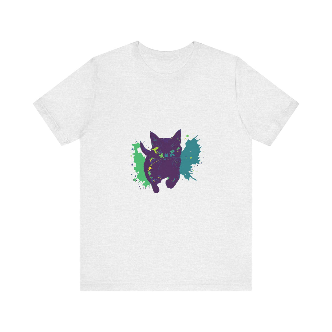 A vibrant and eye-catching t-shirt featuring a mysterious black cat surrounded by colorful splashes