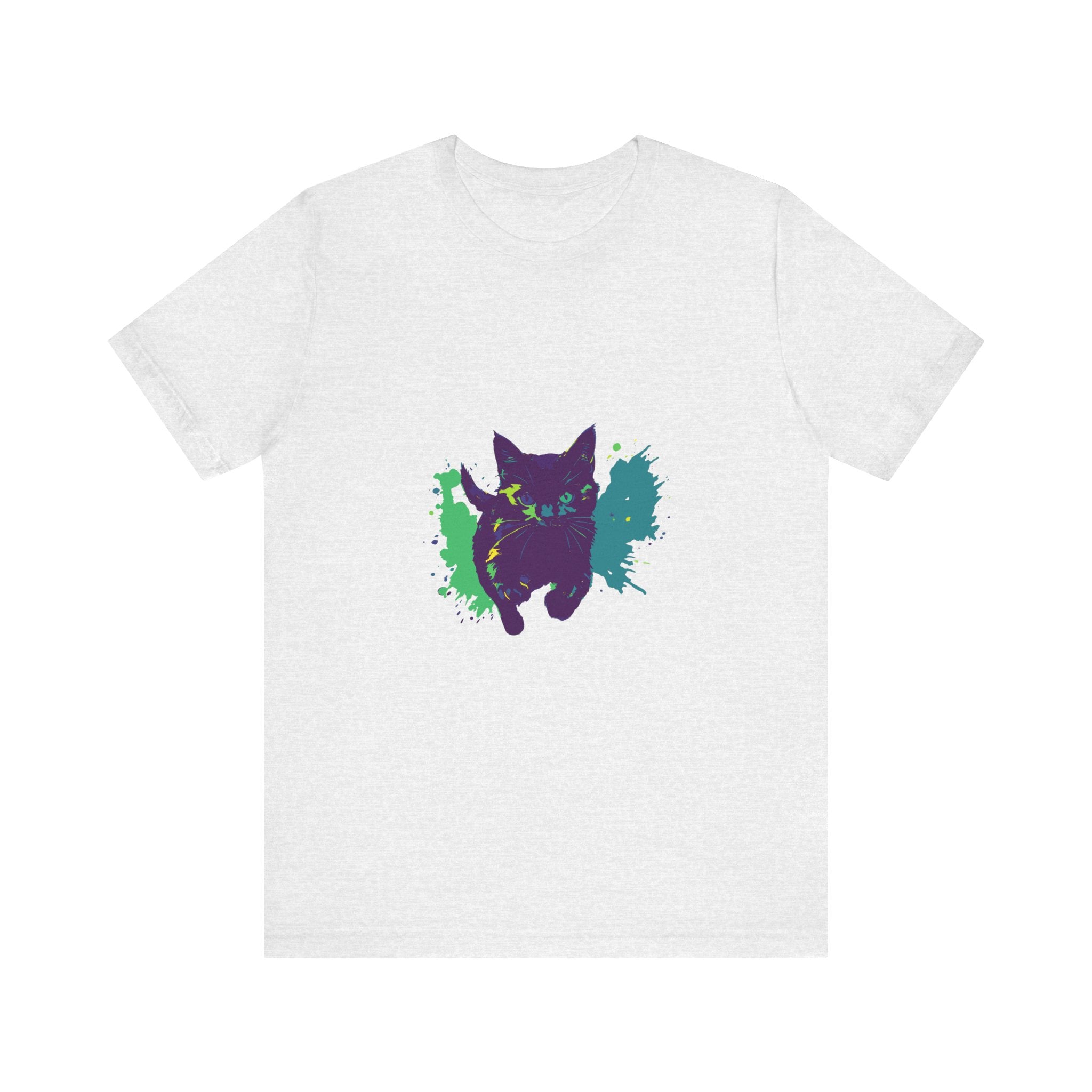 A vibrant and eye-catching t-shirt featuring a mysterious black cat surrounded by colorful splashes