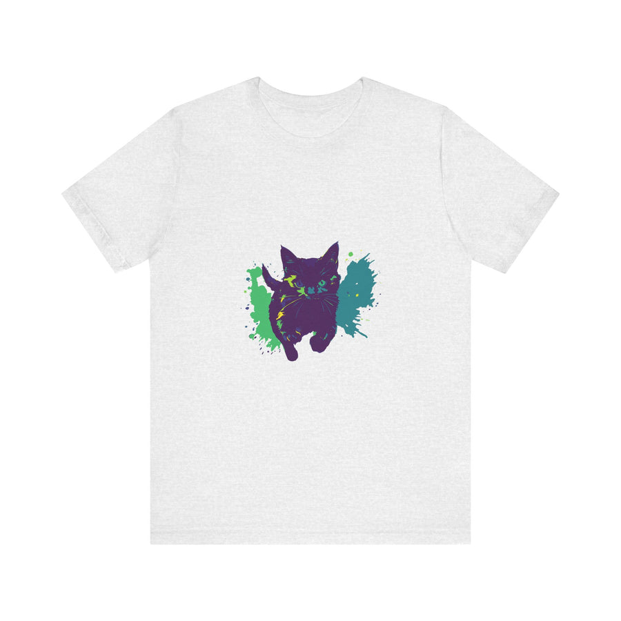 A vibrant and eye-catching t-shirt featuring a mysterious black cat surrounded by colorful splashes