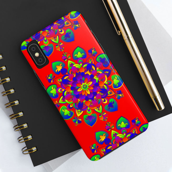 Hand drawn red mandala art phone case featuring intricate geometric design