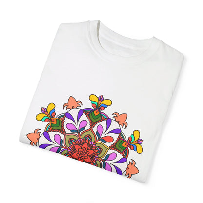 Unisex mandala t-shirt made from 100% ring-spun cotton, featuring hand-drawn mandala art and garment-dyed for extra comfort