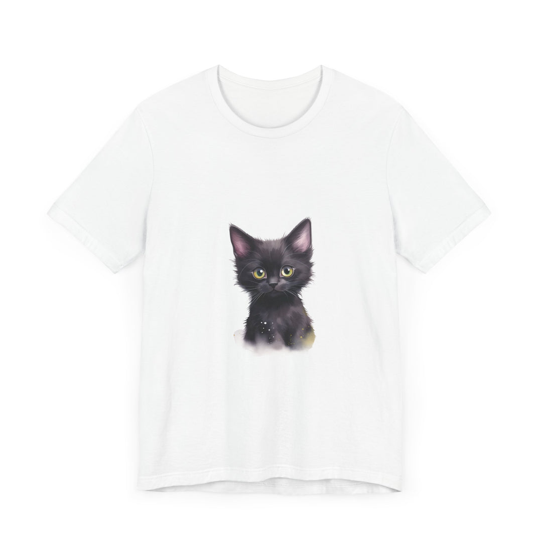 A black kitten with glowing eyes sits against a full moon backdrop on a black t-shirt, featuring a mystical and enchanting design