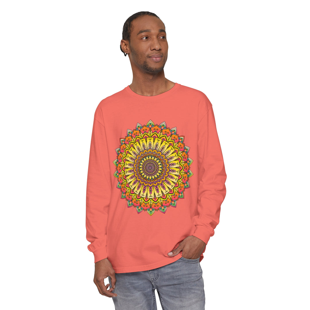 Intricate Mandala Unisex Long Sleeve T-Shirt with detailed design and vibrant colors