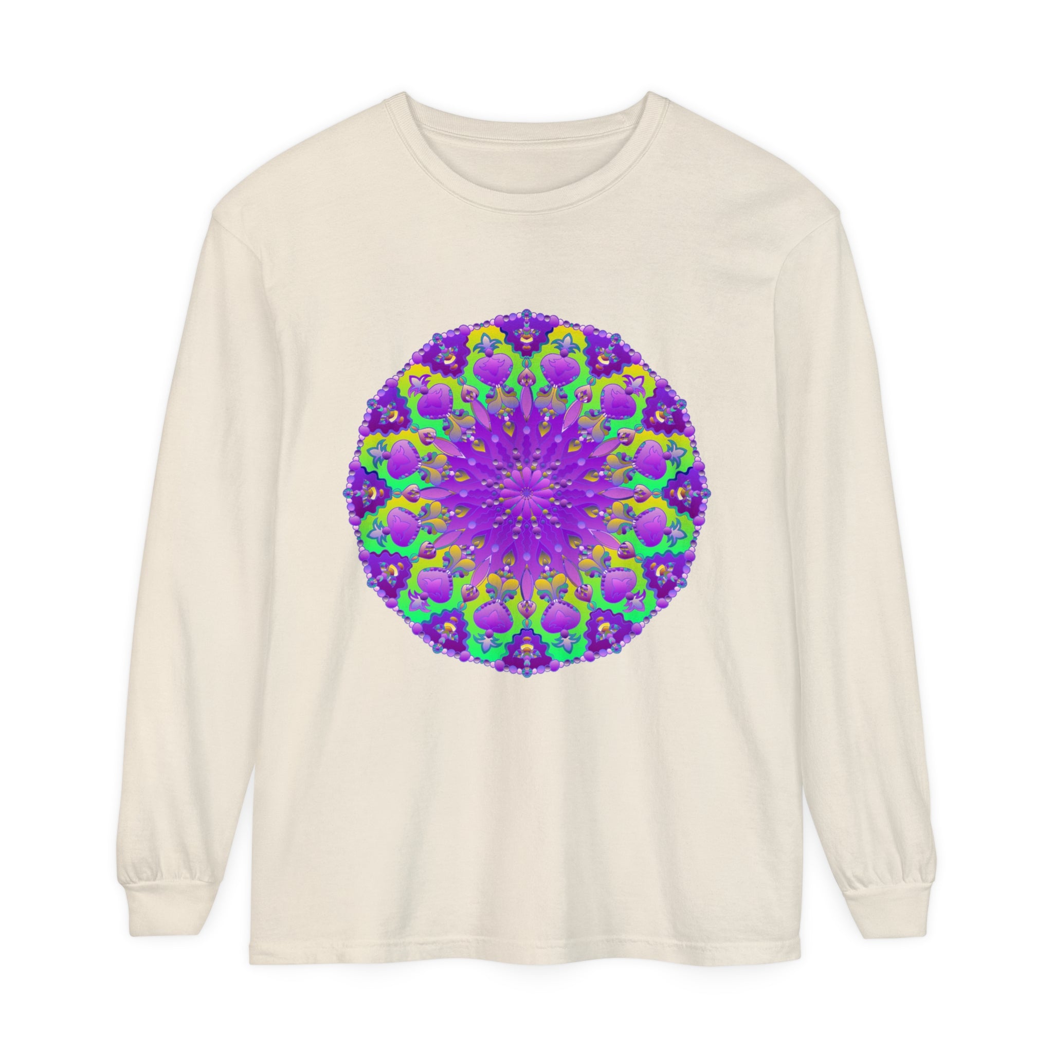 Vibrant purple and green mandala long sleeve t-shirt with intricate design