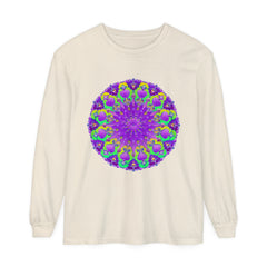 Vibrant purple and green mandala long sleeve t-shirt with intricate design
