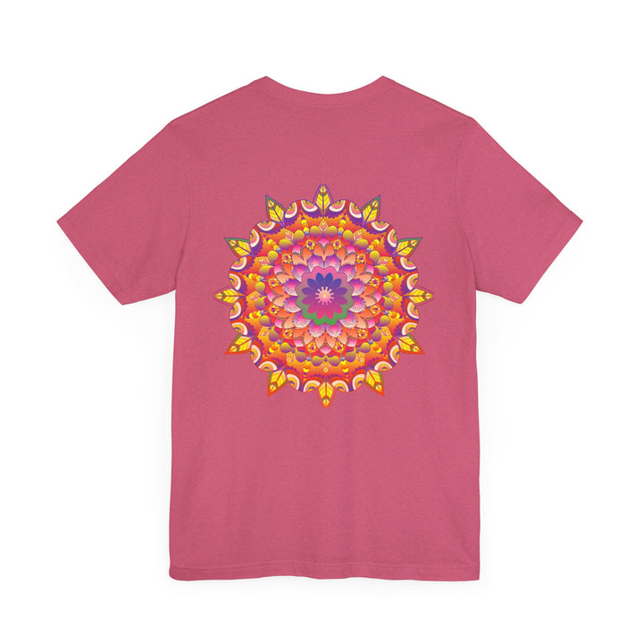 A close-up image of a vibrant mandala t-shirt featuring intricate spiritual designs representing peace and harmony