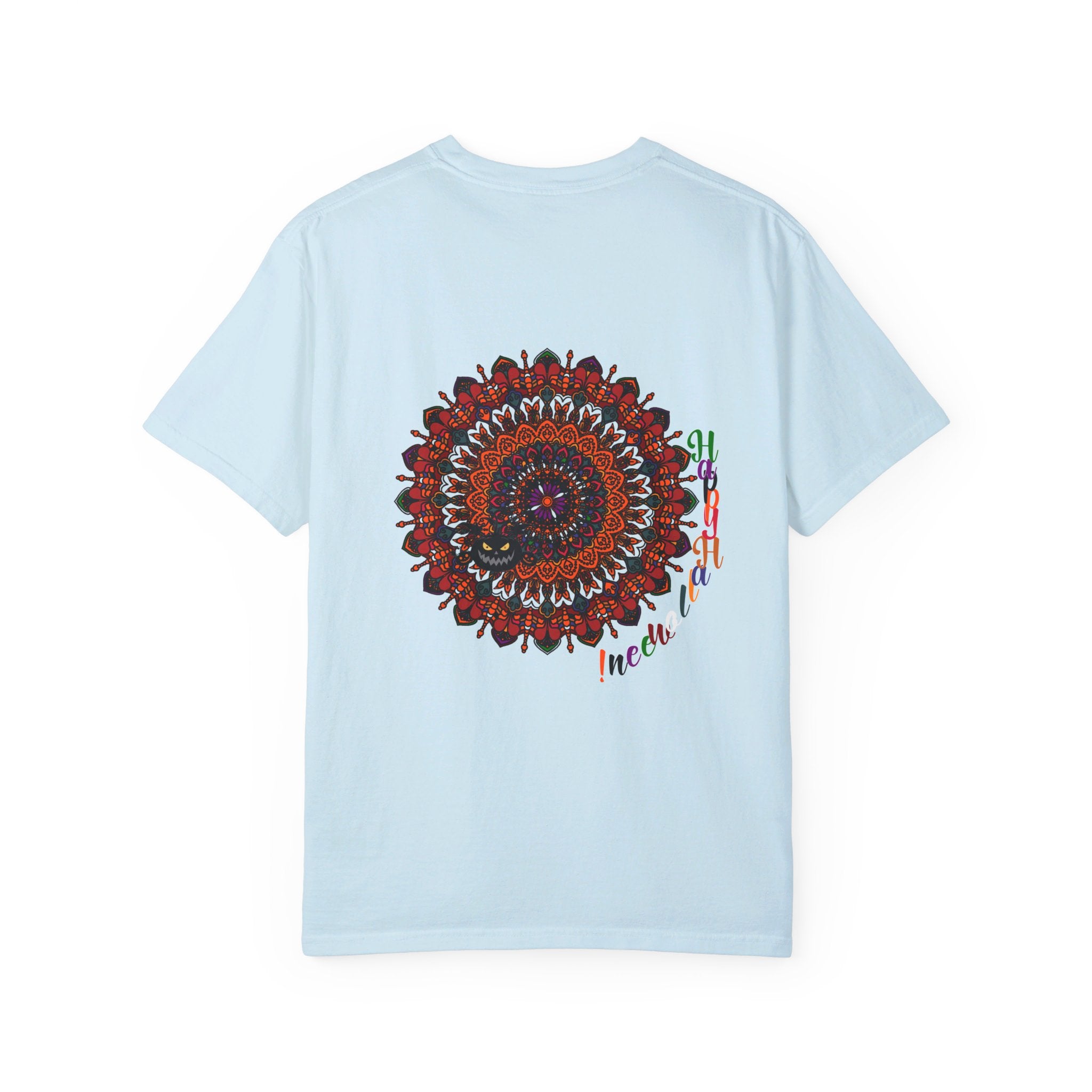 Unisex Halloween Mandala T-shirt featuring handmade pumpkin mandala art on garment-dyed tee