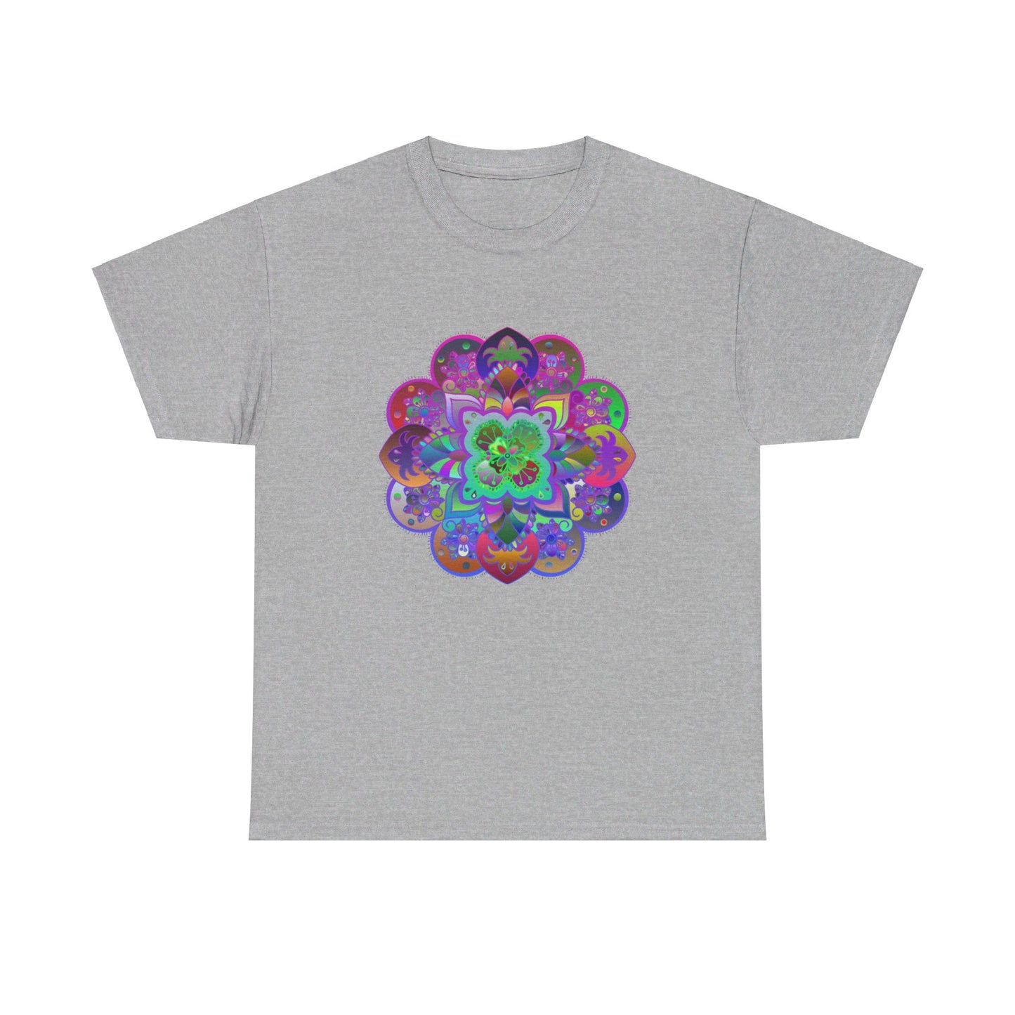 Colorful and intricate mandala art design on a soft, comfortable unisex heavy cotton t-shirt, perfect for yoga and mindfulness practices