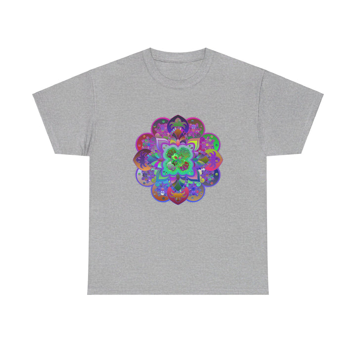 Colorful and intricate mandala art design on a soft, comfortable unisex heavy cotton t-shirt, perfect for yoga and mindfulness practices