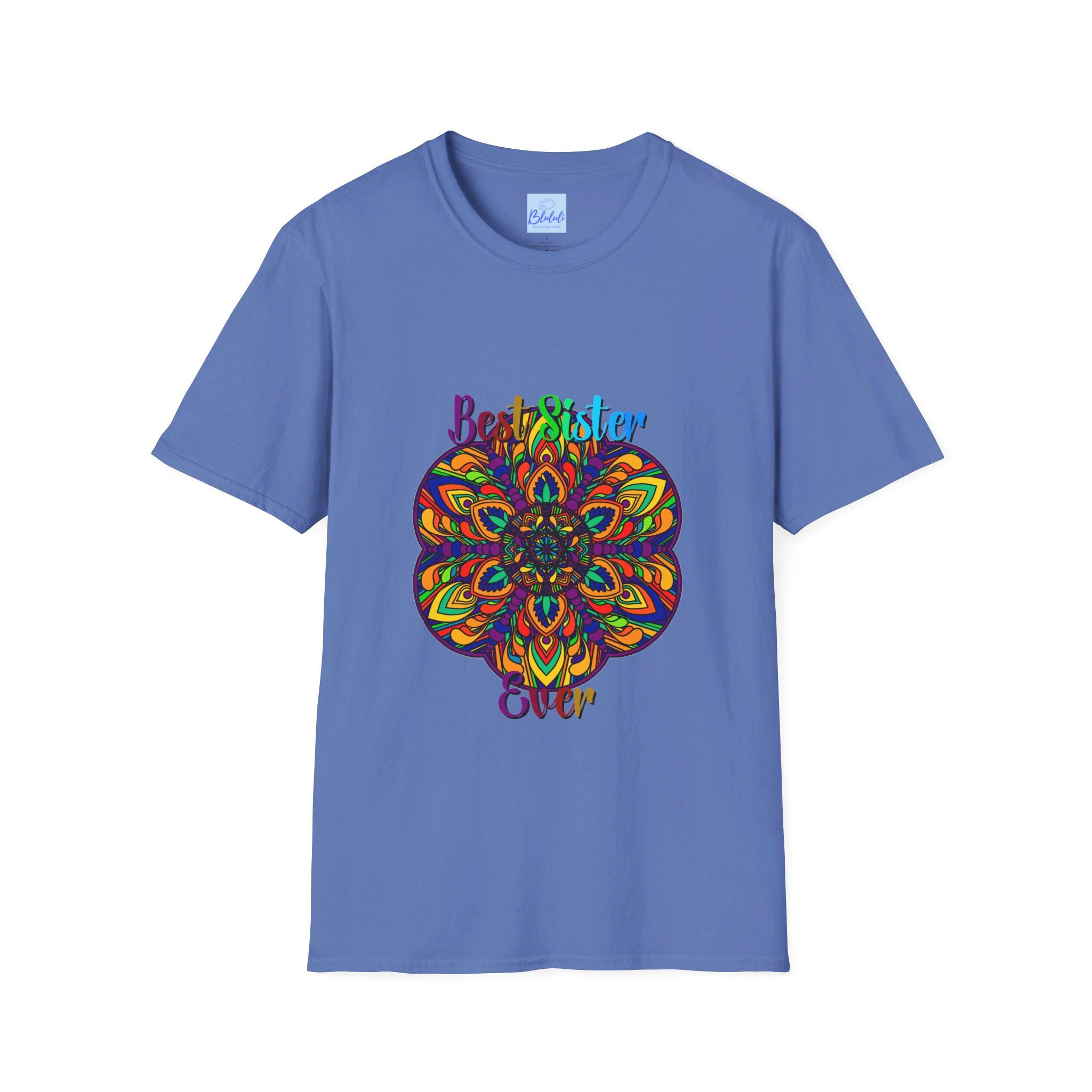 Beautiful softstyle unisex t-shirt featuring hand-drawn mandala art, perfect as a thoughtful gift for your sister