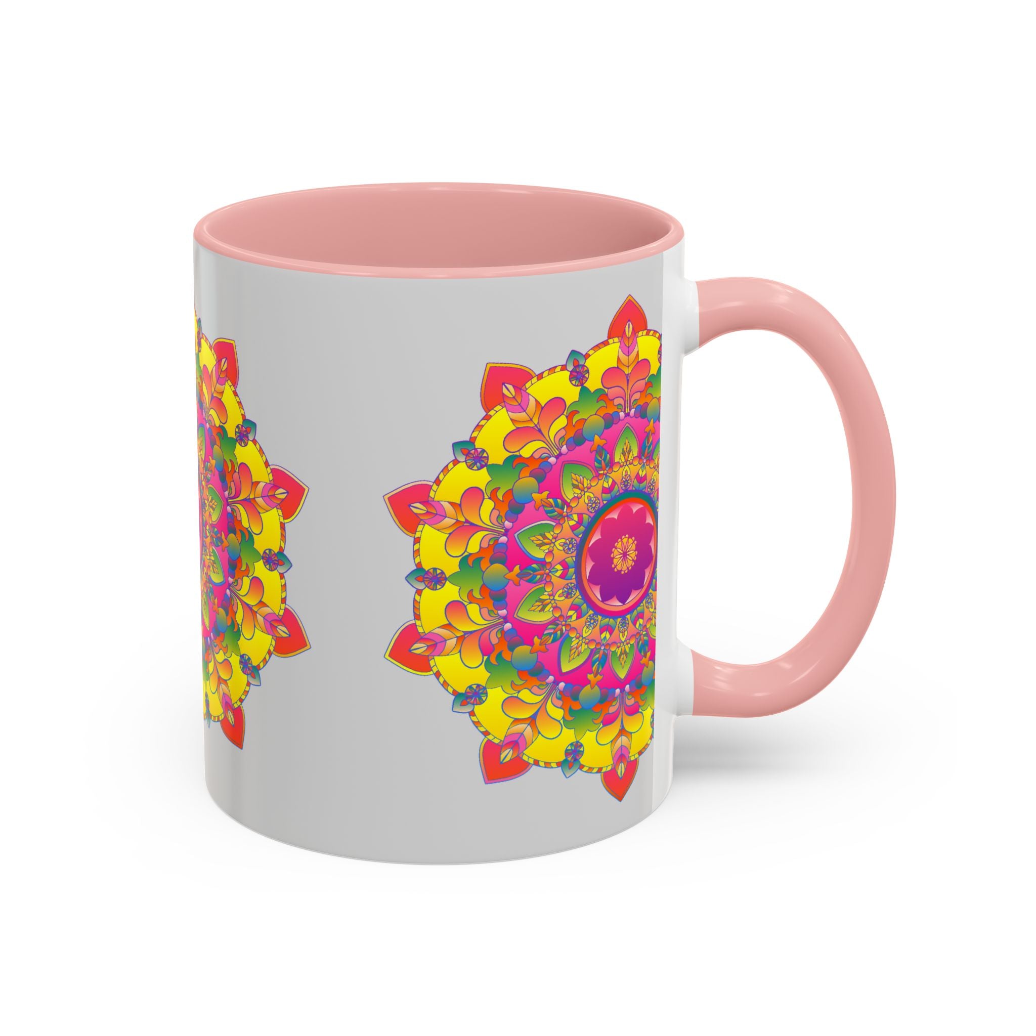 Stylish Mandala Mug - Vibrant Art on Grey featuring a vibrant and colorful mandala design