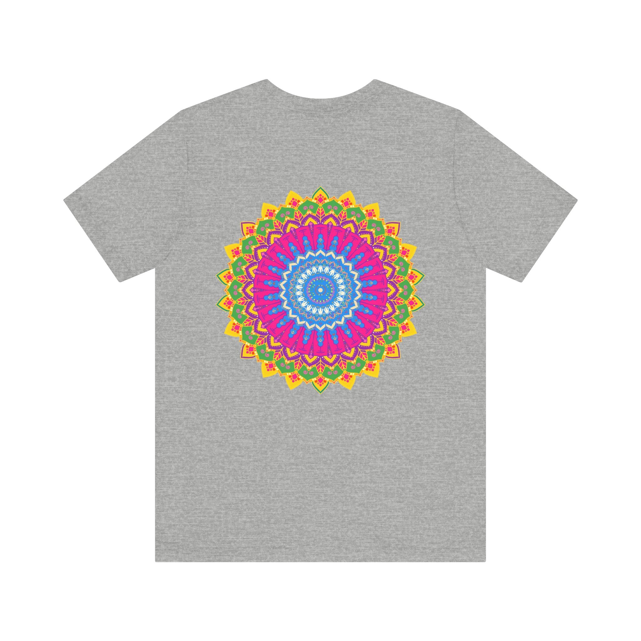 Vibrant mandala t-shirt featuring intricate design, symbolizing spiritual peace and harmony, perfect for meditation and yoga practice