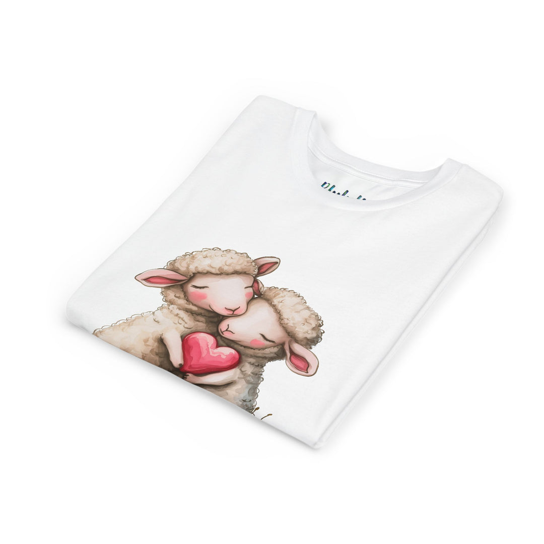 Jugend-T-Shirt – Cartoon-Schafe, die ein Herz umarmen, süßes und schönes Design 