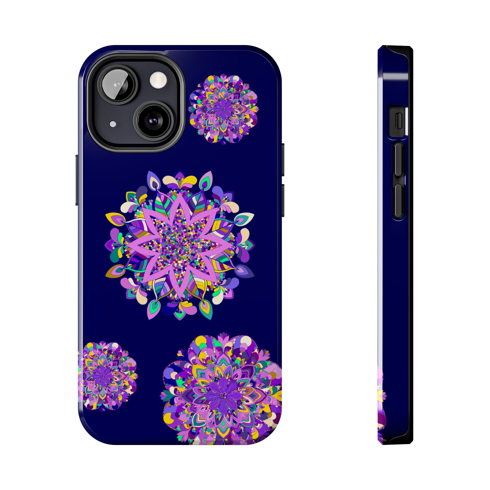 Hand drawn mandala art phone case in purple shades, durable and shock absorbent, perfect for protecting your phone in style