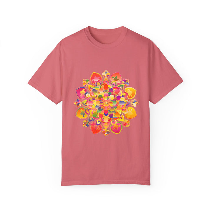 Colorful and intricate hand-drawn mandala design on a vibrant t-shirt