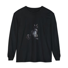 Black Cat Mystery unisex long sleeve tee with intricate feline design in black and white on a soft, comfortable fabric