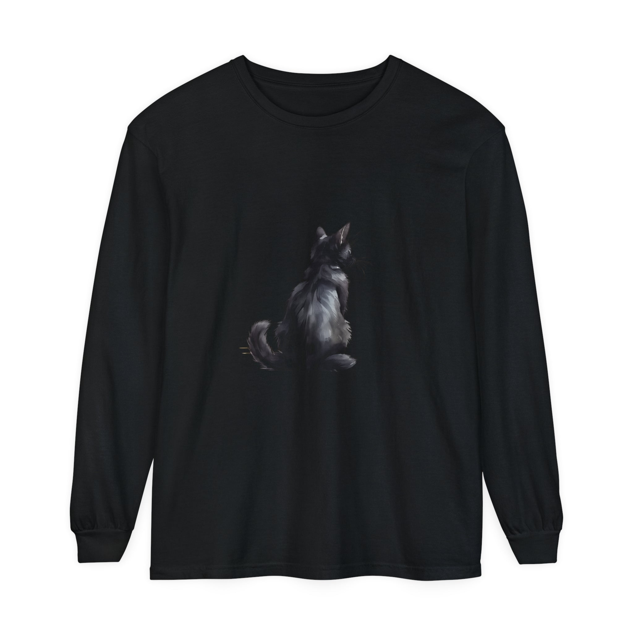 Black Cat Mystery unisex long sleeve tee with intricate feline design in black and white on a soft, comfortable fabric