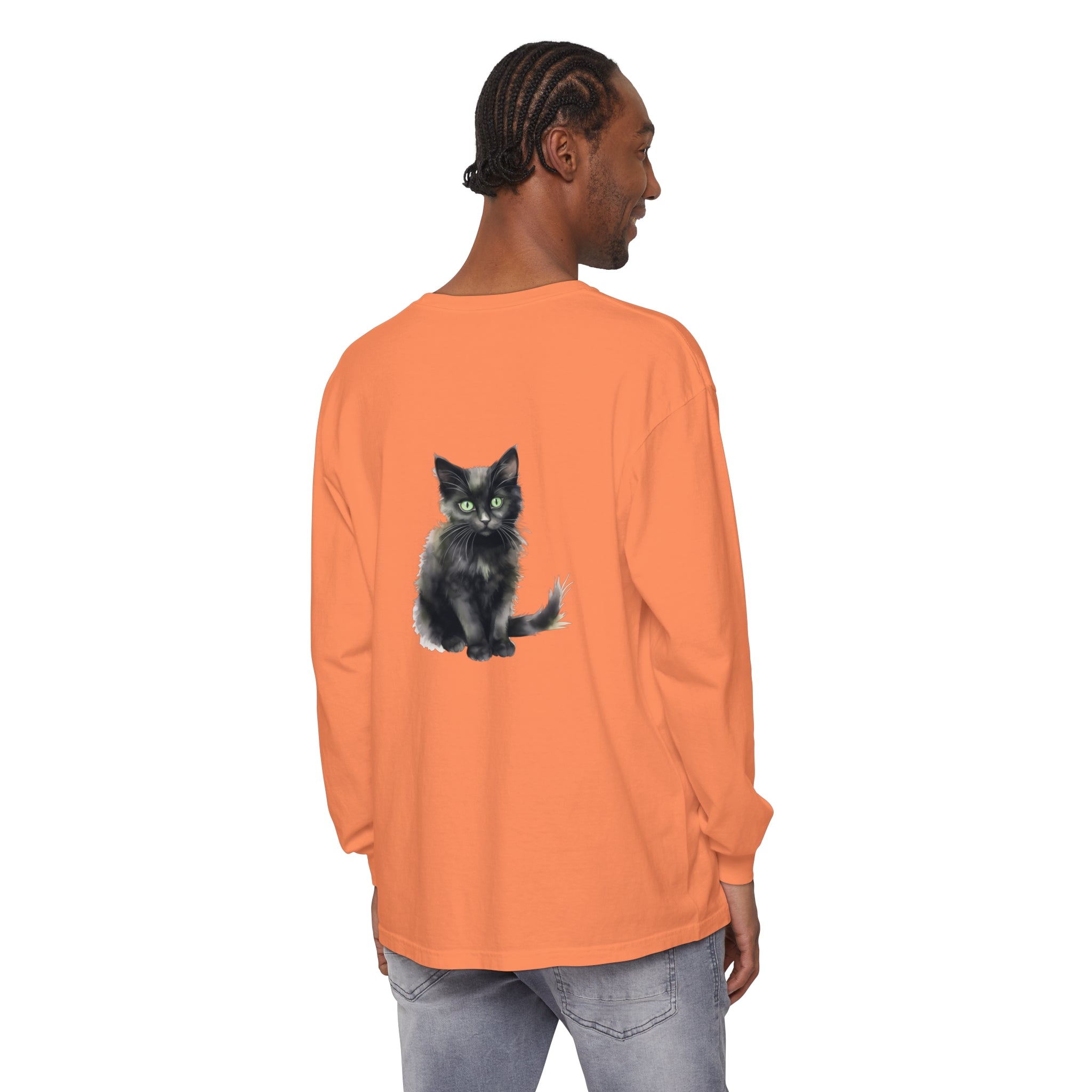 Watercolor black cat t-shirt with vibrant green eyes and lifelike fur design