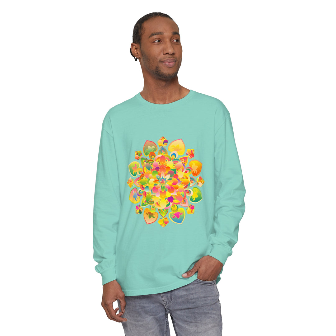 Colorful and intricate mandala design long sleeve t-shirt in psychedelic style