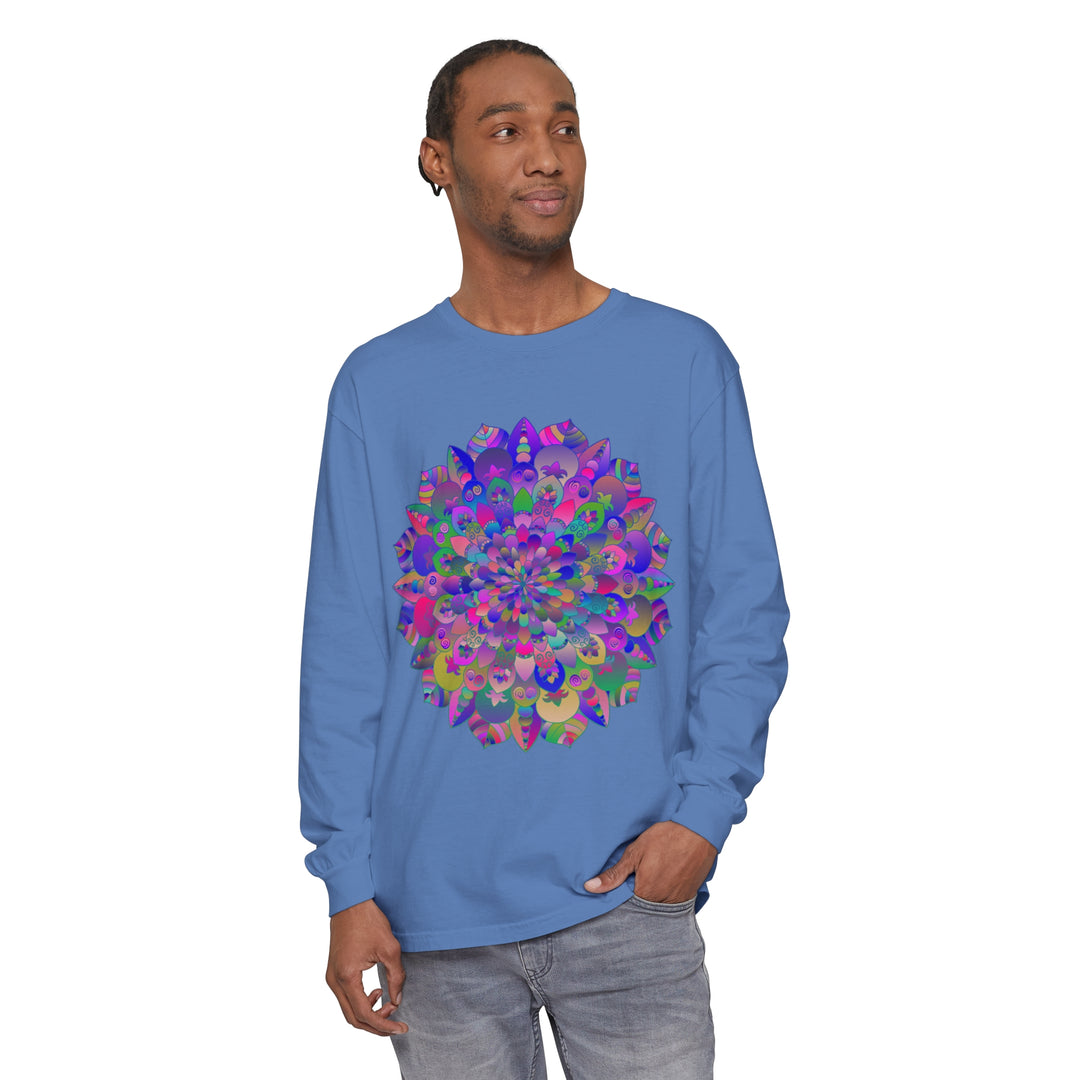 Vibrant Mandala Long Sleeve T-Shirt featuring a colorful, intricate mandala design